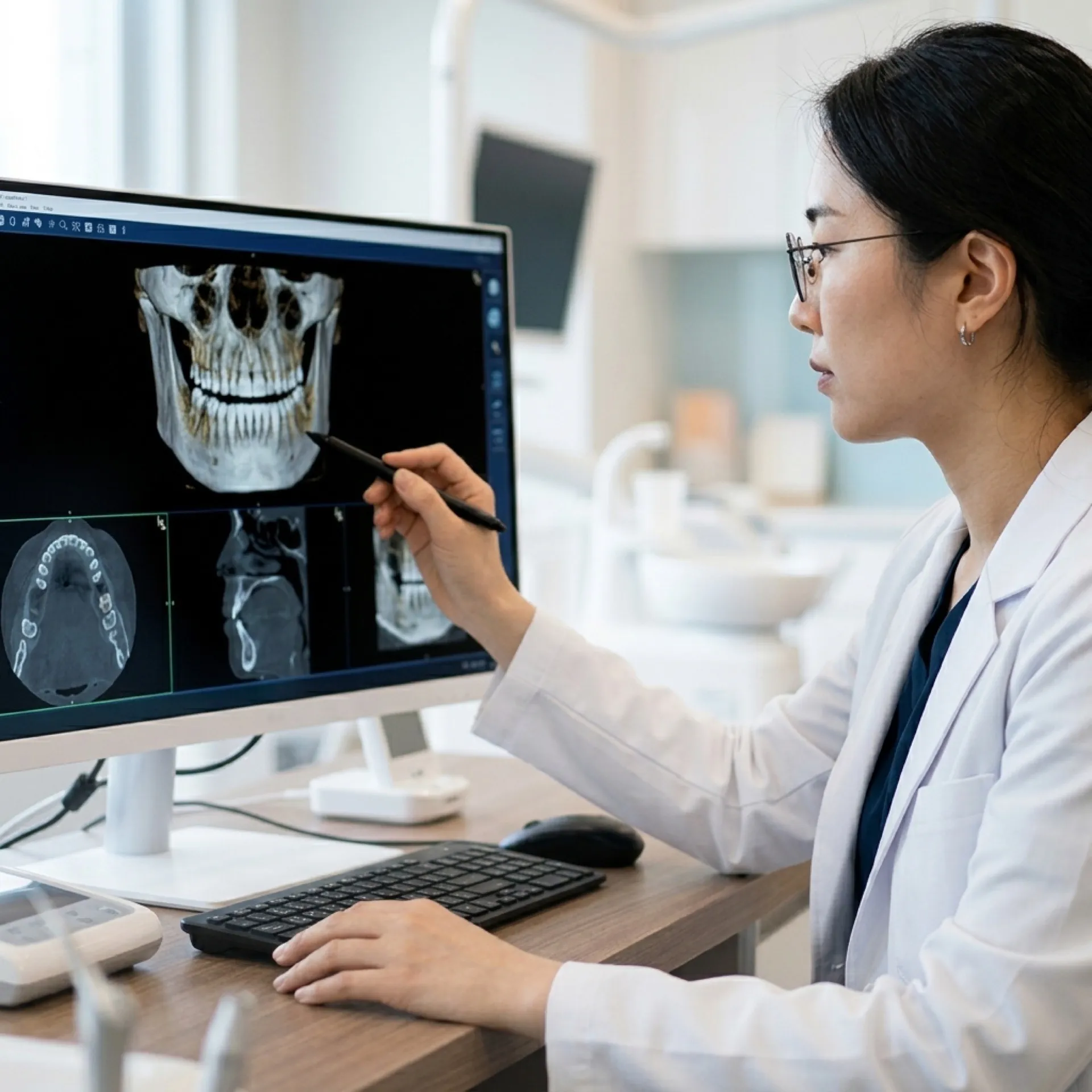 3D CT 스캔 영상을 분석하는 치과 의료진 모습