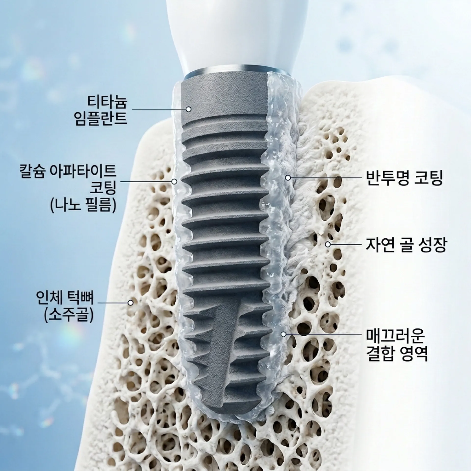 Apatite 코팅 — 인체 뼈와 유사한 칼슘 성분을 얇게 입힌 모습