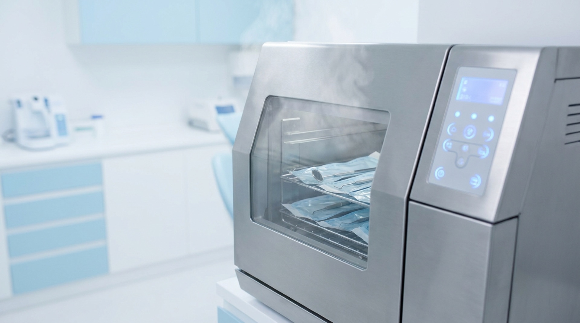 세척 + 가압증기 멸균 — 134°C 고압 멸균기 작동 중