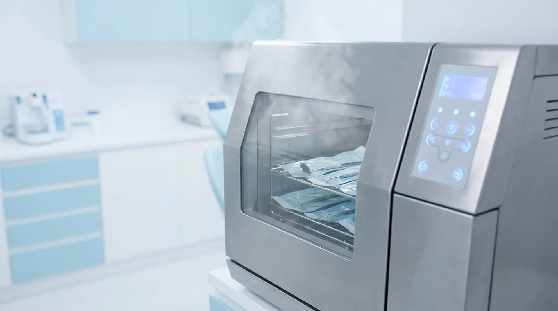 세척 + 가압증기 멸균 — 134°C 고압 멸균기 작동 중